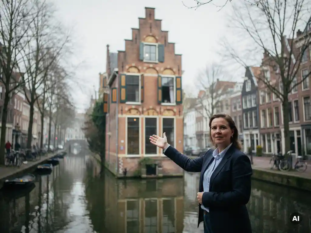 Makelaar in casual zakelijke kleding wijst naar een Goudse grachtenwoning met trapgevel, smalle roedevensters en geschilderde luiken.