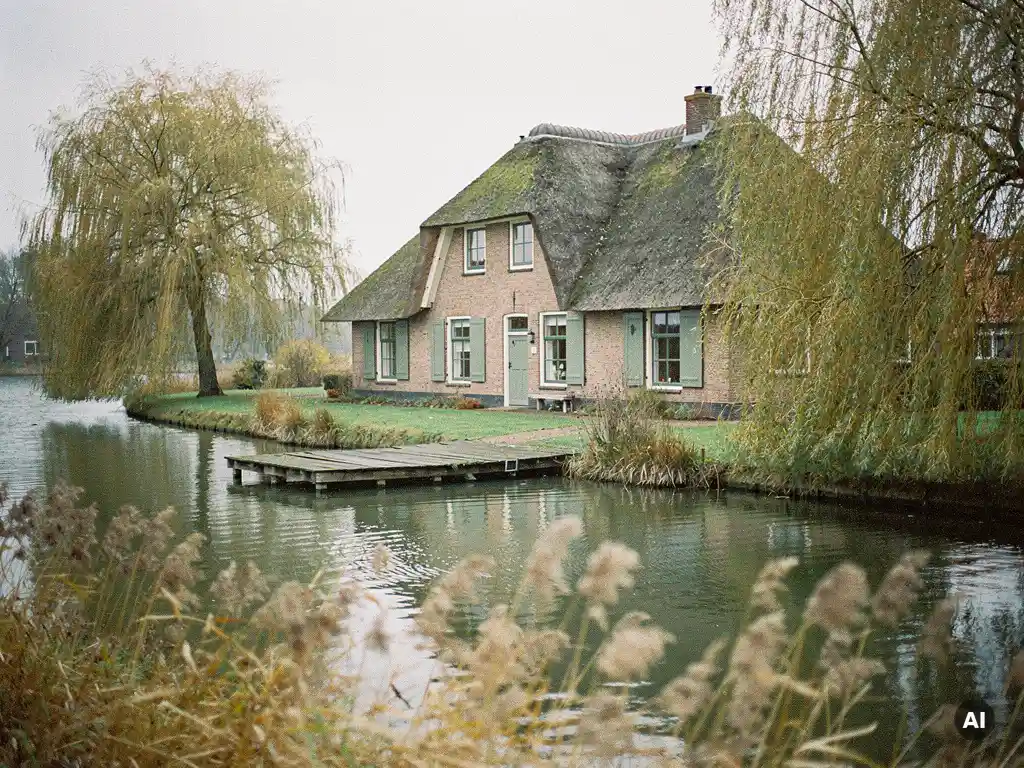 Rieten dak woning aan de Reeuwijkse Plassen met houten steiger, wilgen en rietkraag op bewolkte herfstdag.
