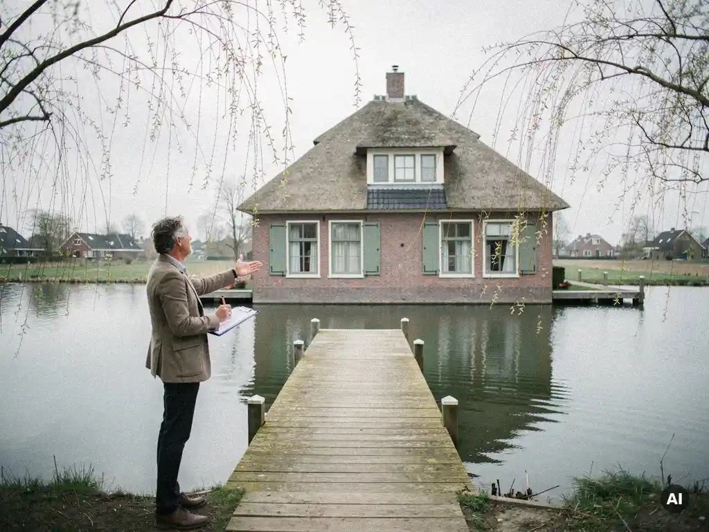 Makelaar met klembord bij rieten dak woning in Reeuwijk, met houten steiger over polderwater in vroeg voorjaar.