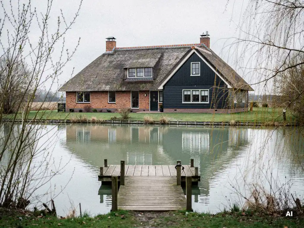 Vrijstaande woning met rieten dak aan een polderplas in Reeuwijk, houten steiger, kale wilgentakken, bewolkte lucht.