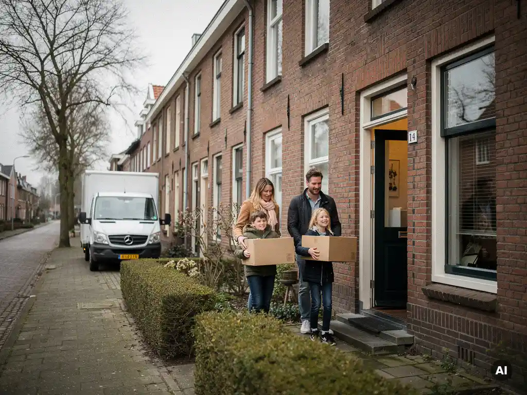 Familie draagt verhuisdozen naar binnen in een Bodegravense rijtjeswoning, met een verhuiswagen geparkeerd op straat op de achtergrond.